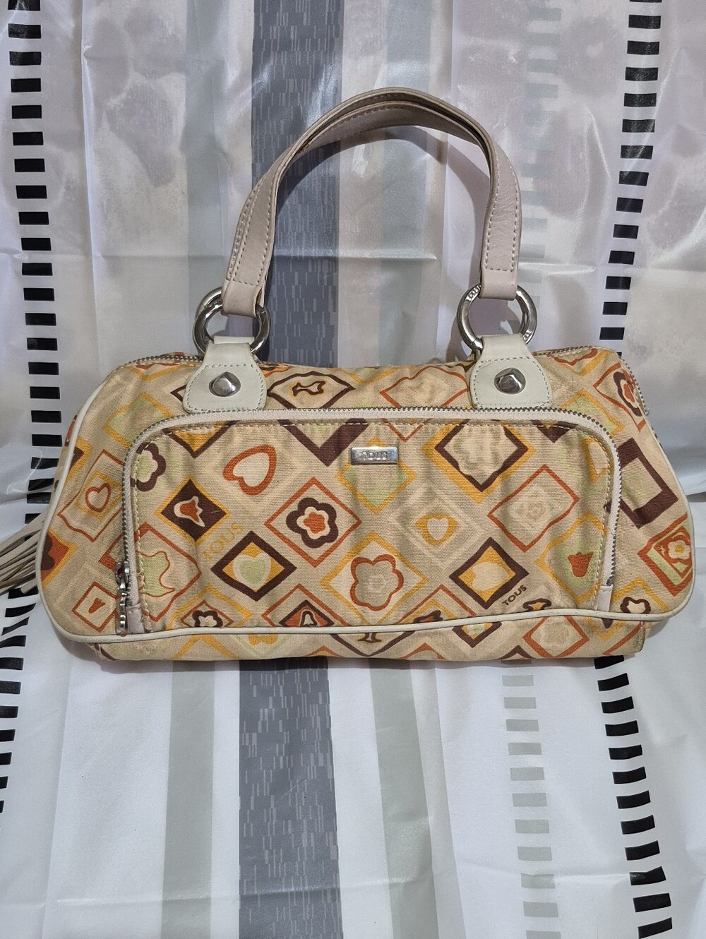 Y2K Tous Beige Shoulder Bag with Orange and Brown Geometric Print